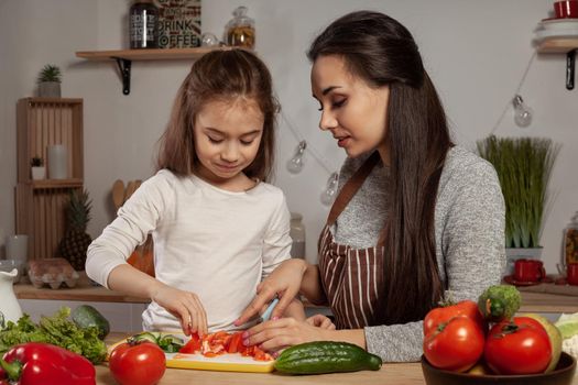 Happy loving family are cooking together. Beautiful mother and her little princess are making a vegetable salad and having fun at the kitchen, against a white wall with shelves and bulbs on it. Homemade food and little helper.