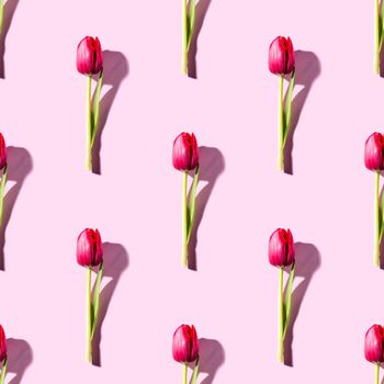 Photographic collage with dark pink tulips, Easter background. Top view, flat lay. Seamless pattern for Birthday, mother day wrapping paper concept.