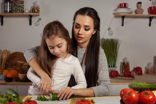 Happy loving family are cooking together. Elegant mum and her child are making a vegetable salad and cutting a cucumber at the kitchen, against a white wall with shelves and bulbs on it. Homemade food and little helper.