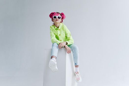 hipster woman pink hair posing fashion clothes isolated background. High quality photo