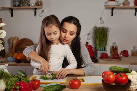 Happy loving family are cooking together. Elegant mommy and her little girl are making a vegetable salad and cutting a cucumber at the kitchen, against a white wall with shelves and bulbs on it. Homemade food and little helper.