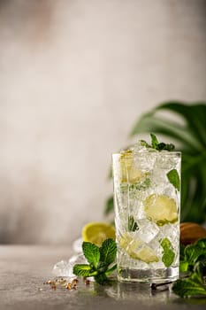 Mojito cocktail with lime and mint in highball glass on a grey background. Summer cold beverages concept with copy space