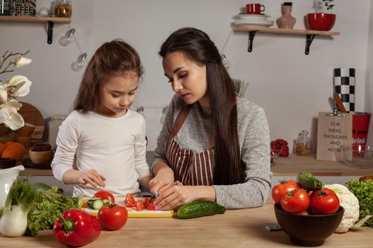 Happy loving family are cooking together. Charming mommy and her little girl are making a vegetable salad and having fun at the kitchen, against a white wall with shelves and bulbs on it. Homemade food and little helper.