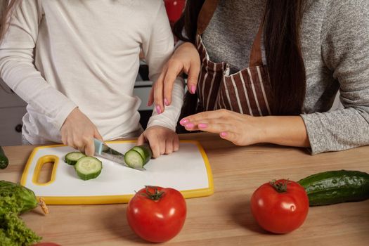 Close-up shot of a happy loving family cooking together. Mother and her daughter are making a vegetable salad and cutting a cucumber at the kitchen. Homemade food and little helper.