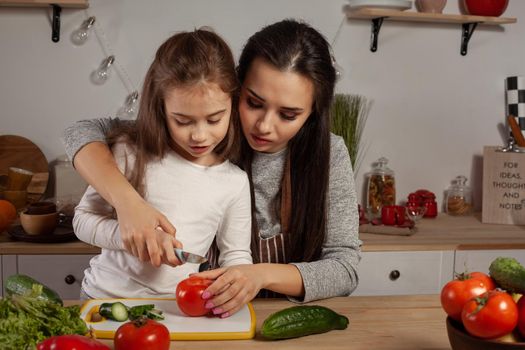 Happy loving family are cooking together. Nice mother and her daughter are making a vegetable salad and having fun at the kitchen, against a white wall with shelves and bulbs on it. Homemade food and little helper.