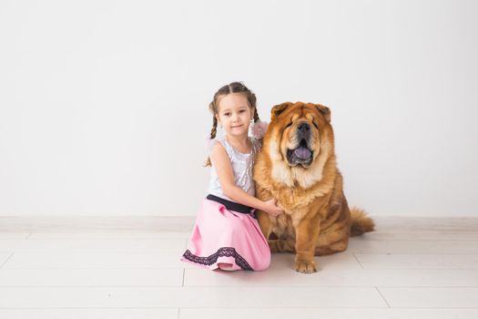 people, animals and children concept - girl with ginger dog of chow-chow on white background.