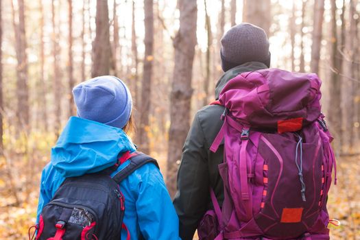 adventure, travel, tourism, hike and people concept - couple walking with backpacks over natural background, back view.