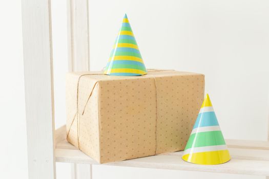 Striped colourful cones hats. Birthday holiday party concept