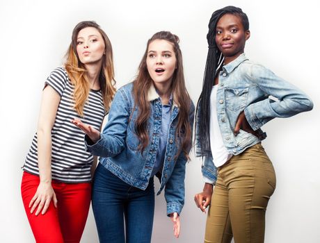 diverse multi nation girls group, teenage friends company cheerful having fun, happy smiling, cute posing isolated on white background, lifestyle people concept, african-american and caucasian close up