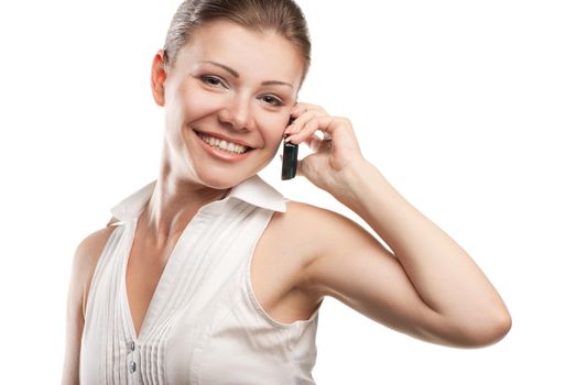 young beautiful business woman with phone isolated over a white background