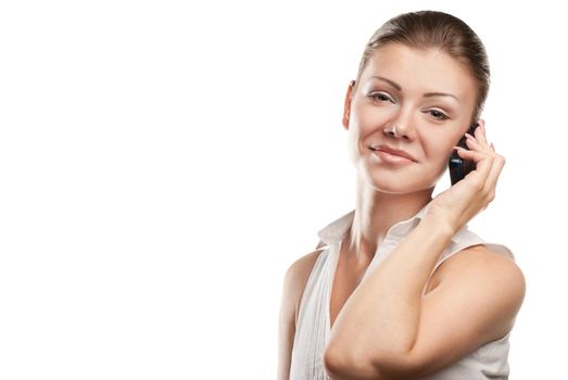 young beautiful business woman with phone isolated over a white background