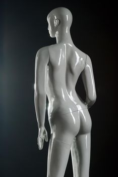 Rear view of female fashion mannequin against a black background