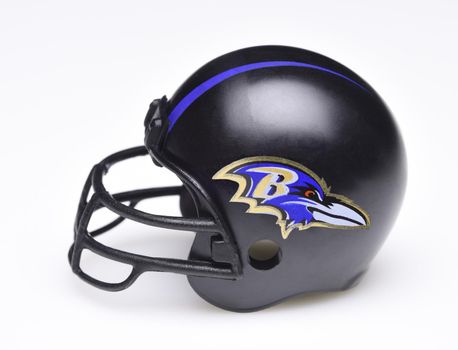 IRVINE, CALIFORNIA - AUGUST 30, 2018: Mini Collectable Football Helmet for the Baltimore Ravens of the American Football Conference North.