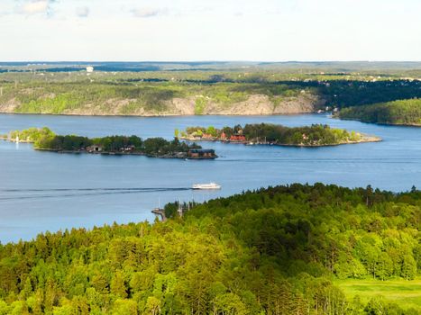 Sweden, Stockholm - May 16, 2011. Aerial view of small islands from TV tower Kaknastornet.