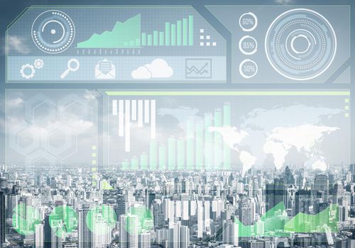 Stock market charts on background of financial district of megapolis city. Digital economy and trading. Risk management and strategy planning. Modern financial technology and data visualization