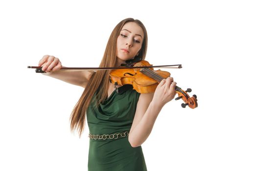 Beautiful young woman playing violin over white background