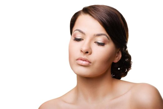 Close-up portrait of sexy caucasian young woman on white background