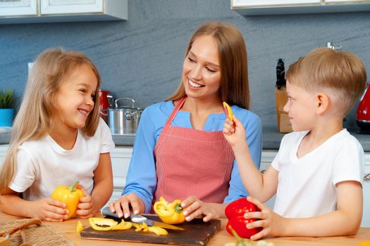 Young mother cooking with her children in kitchen