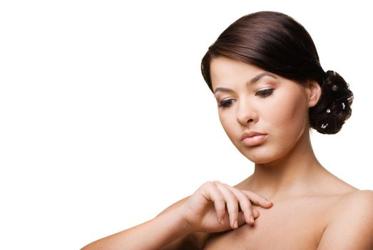 Close-up portrait of sexy caucasian young woman on white background