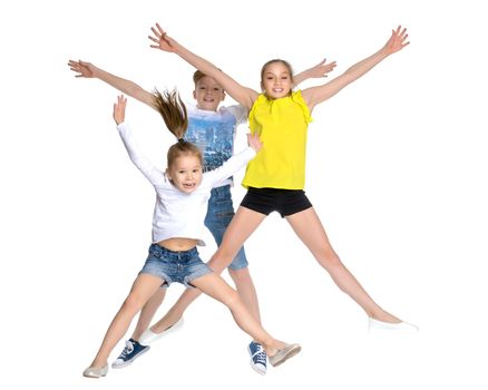 A large group of happy joyful children jumps and dances. The concept of sport, summer holidays. Isolated on white background.