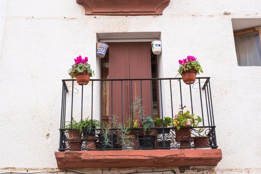 Classic balcony with flowers and green plants