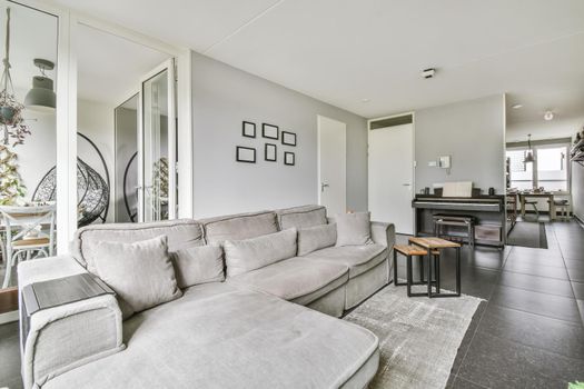 Cozy stylish living room design with big sofa