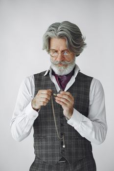 Close up portrait of grinning old-fashioned man. Elegant man in a studio. Grandfather with a clock.