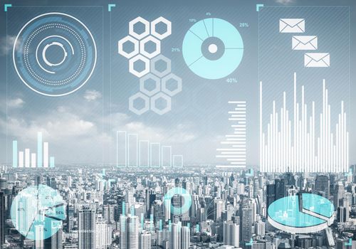 Double exposure business concept with abstract financial graphics on background of modern business district. Digital economy and global online trading. Investment management and strategy planning