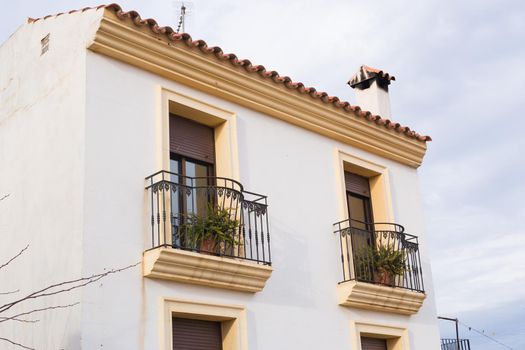 Classic balconies with flowers and green plants