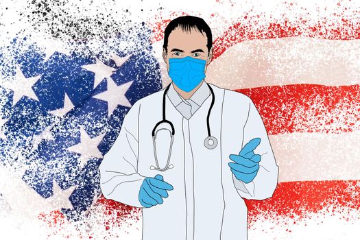 Young doctor in medical uniform on the background of the national flag of United States of America is holding a syringe. The concept of a new vaccine against the disease, flu vaccine vaccination. illustration.