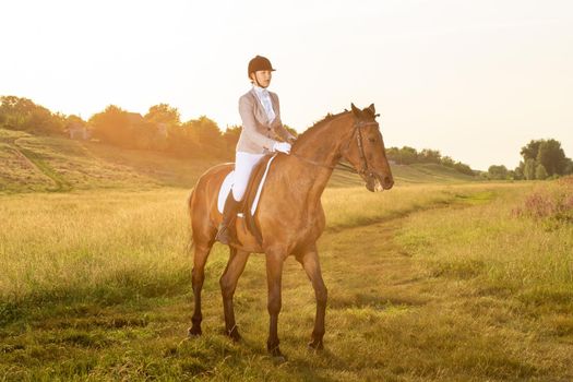 Equestrian sport. Young woman riding horse on dressage advanced test. Horse walk in summer. Sun flare