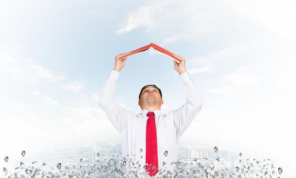 Senior businessman holding open diary overhead. Man in shirt and tie standing on cityscape background with flying various letters. Education and professional knowledges. Time management and planning