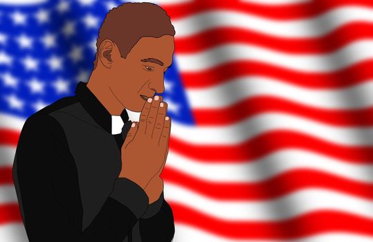 Man Priest Pray Online Standing Behind the American flag. Internet Church, Online Sermon Concept. Stock Cartoon Illustration.