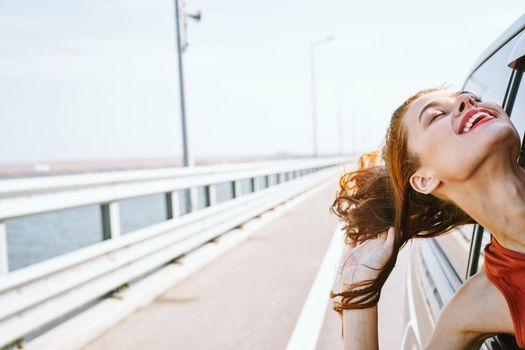 joyful woman trip travel fun vacation nature. High quality photo