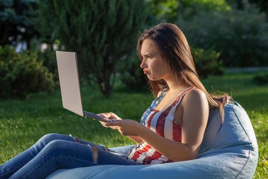 Young cute girl with laptop, sit on bean bag in garden or park, on green grass. Success small business, modern lifestyle, information technology, or online shopping concept