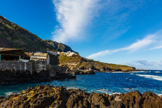 Aerial view of Garachico village on the coast of Atlantic ocean in Tenerife island of Spain