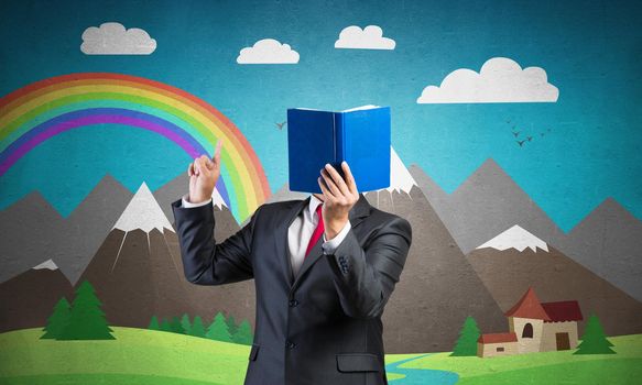 Businessman covered his face with organizer and finger pointing up. Man in business suit on background of nature landscape with mountains illustration. Education and professional knowledges.