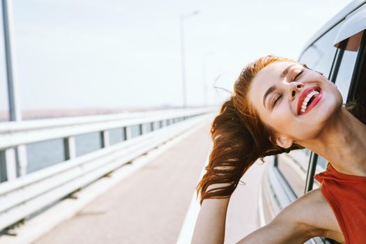 joyful woman trip travel fun vacation nature. High quality photo