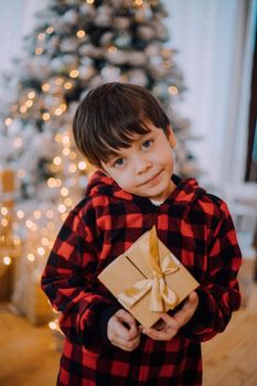 A boy with a New Year's gift under the tree lifestyle. New Year and Christmas. Festive decoration. New Year's gift