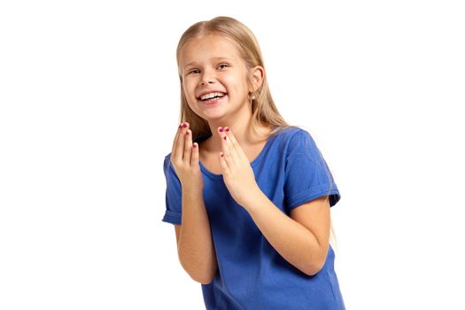 Portrait of adorable little girl isolated on a white background. in blue t-short with long white hair, laughing