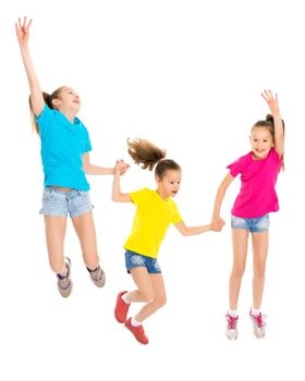 A large group of happy joyful children jumps and dances. The concept of sport, summer holidays. Isolated on white background.