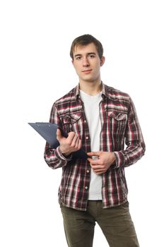 Stylish college student posing with notebook in hand on white