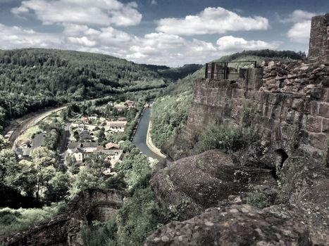 panoramic view of the castle Lutzelbourg to the Rhine-Marne canal, France, infrared