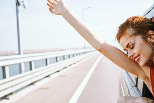joyful woman trip travel fun vacation nature. High quality photo