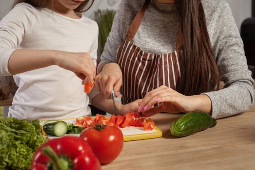 Close-up shot of a happy loving family cooking together. Mom and her kid are making a vegetable salad and having fun at the kitchen. Homemade food and little helper.