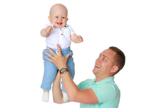 Dad holds the baby in his arms. The concept of educating the father of young children, Happy childhood, a friendly family. Isolated on white background.