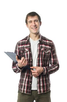 Stylish college student posing with notebook in hand on white