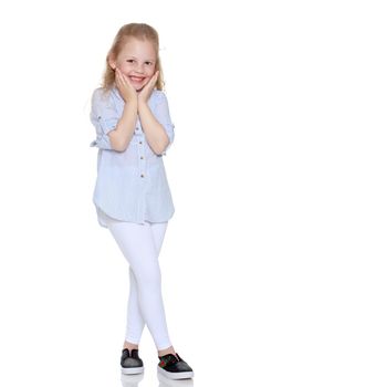 The little girl is full-length. The concept of family happiness, a child, childhood, play, beauty and fashion. isolated on white background