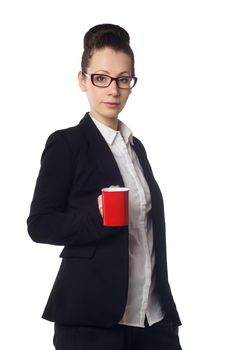 Young woman holding white cup of coffee isolated