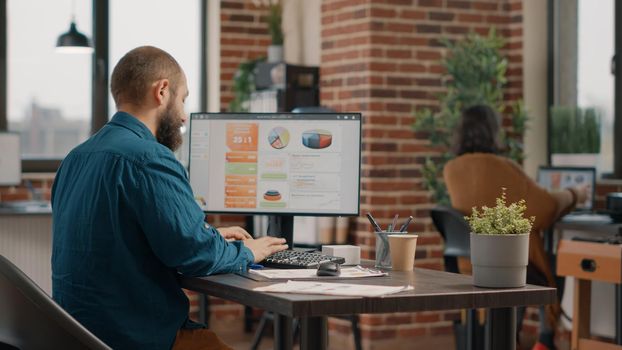 Frustrated employee trying to design rate charts on computer at desk. Business man feeling upset while working on monitor to plan project and marketing presentation. Adult at work